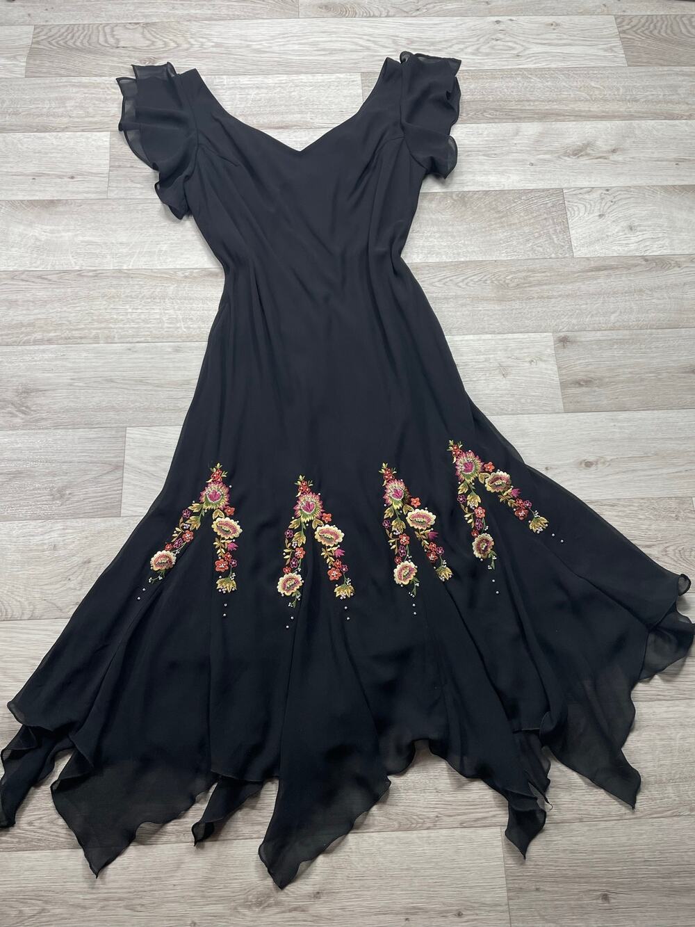 Vintage 90s Y2K Black Fairy Handkerchief Dress Floral Embroidered Whimsigoth 14